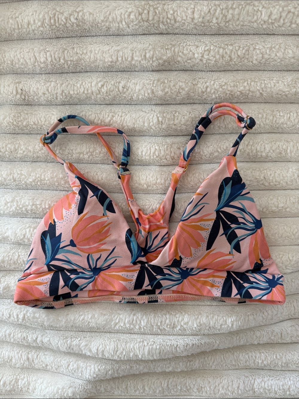 Midori Coral Pink Floral Triangle Bikini Top with Navy Leaves